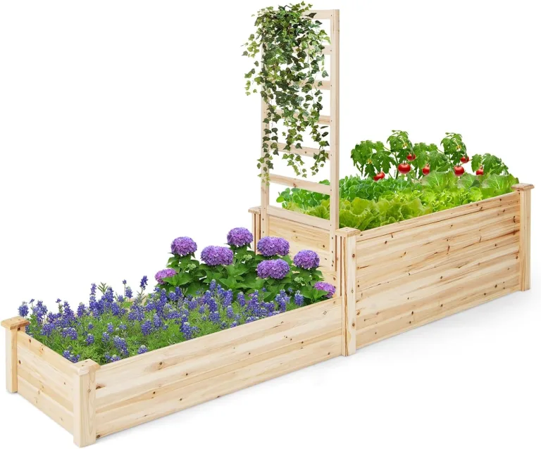COSTWAY Hochbeet mit Rankgitter, Blumenkasten mit Spalier, Pflanzkasten aus Tannenholz, Gartenspalier mit Rankkasten, Blumenkübel für Kletterpflanze Balkon Garten Terrasse, Natur, 223x64x134 cm – Bild 1