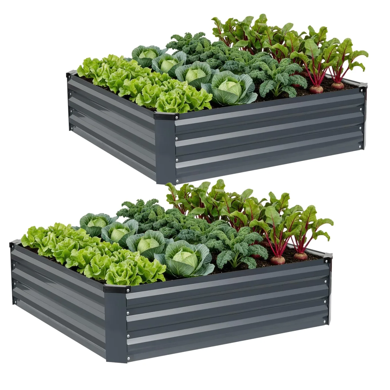 WILLOW WEAVE Satz aus 2 Hochbeeten für Garten, verzinkte Stahl-Planter im Freien zum Anpflanzen von Gemüse, Blumen und Kräutern, 120x120x30 cm, Grau - Bild 1