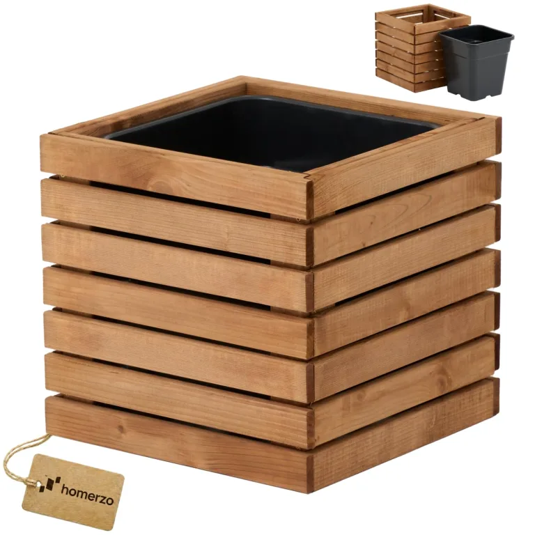 Pflanzkübel Holz – imprägniert wetterfest – mit herausnehmbarem Kunststoffeinsatz – Pflanztopf Blumenkasten für Balkon Garten Terrasse (Vertikal-braun 36x36 H80 cm) – Bild 7
