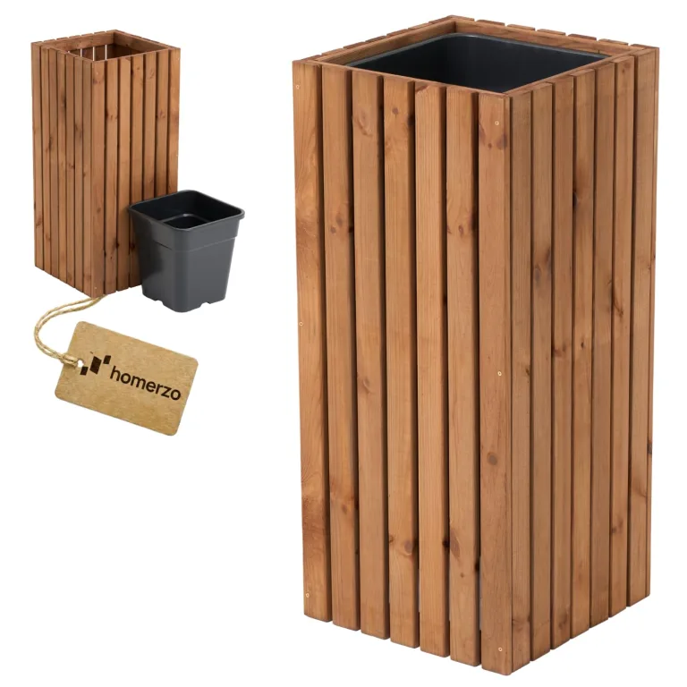 Pflanzkübel Holz – imprägniert wetterfest – mit herausnehmbarem Kunststoffeinsatz – Pflanztopf Blumenkasten für Balkon Garten Terrasse (Vertikal-braun 36x36 H80 cm) – Bild 1