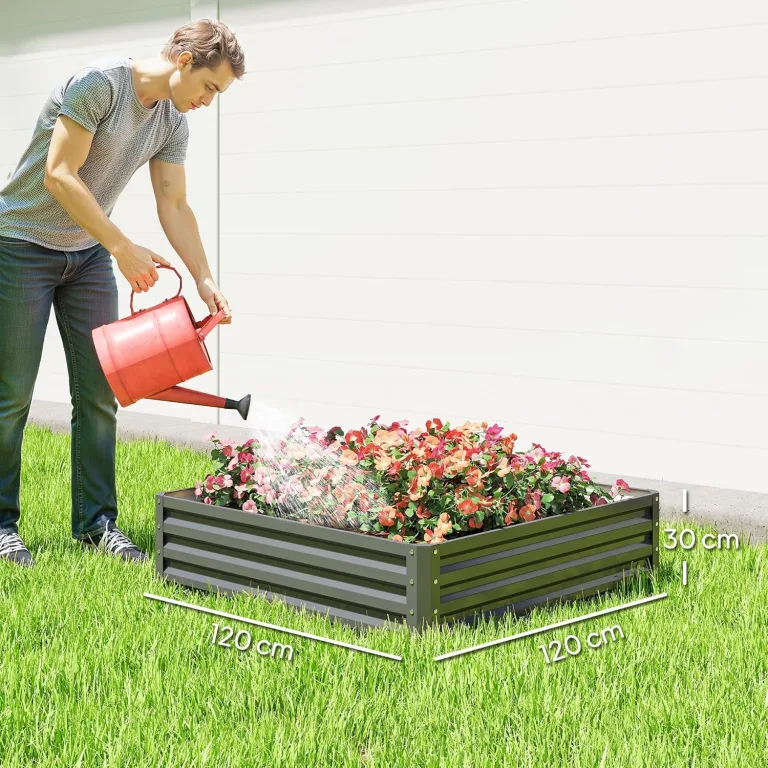 Outsunny Hochbeet, Blumenkasten, Gemüsebeet, Pflanzkasten, Kräuterbeet für Garten, Terrasse, Balkon, Stahl, Hellgrau, 120 x 120 x 30 cm – Bild 7