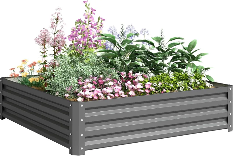 Outsunny Hochbeet, Blumenkasten, Gemüsebeet, Pflanzkasten, Kräuterbeet für Garten, Terrasse, Balkon, Stahl, Hellgrau, 120 x 120 x 30 cm – Bild 1