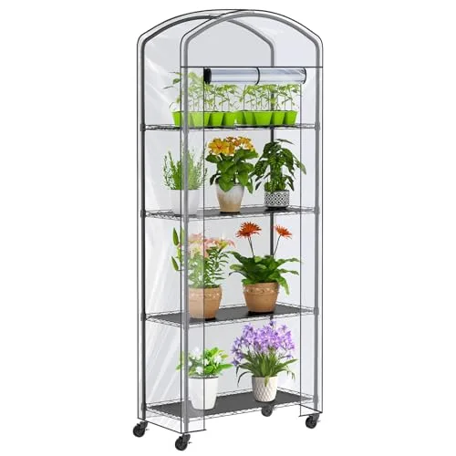 4-stöckiges Gewächshaus mit Rädern, höhenverstellbare Ablagen, Metall-Pflanzenregal mit PVC-Abdeckung für Saatanfangschalen, Sämlingstöpfe, Pflanztöpfe, 33 x 73,7 x 185,4 cm – Bild 8