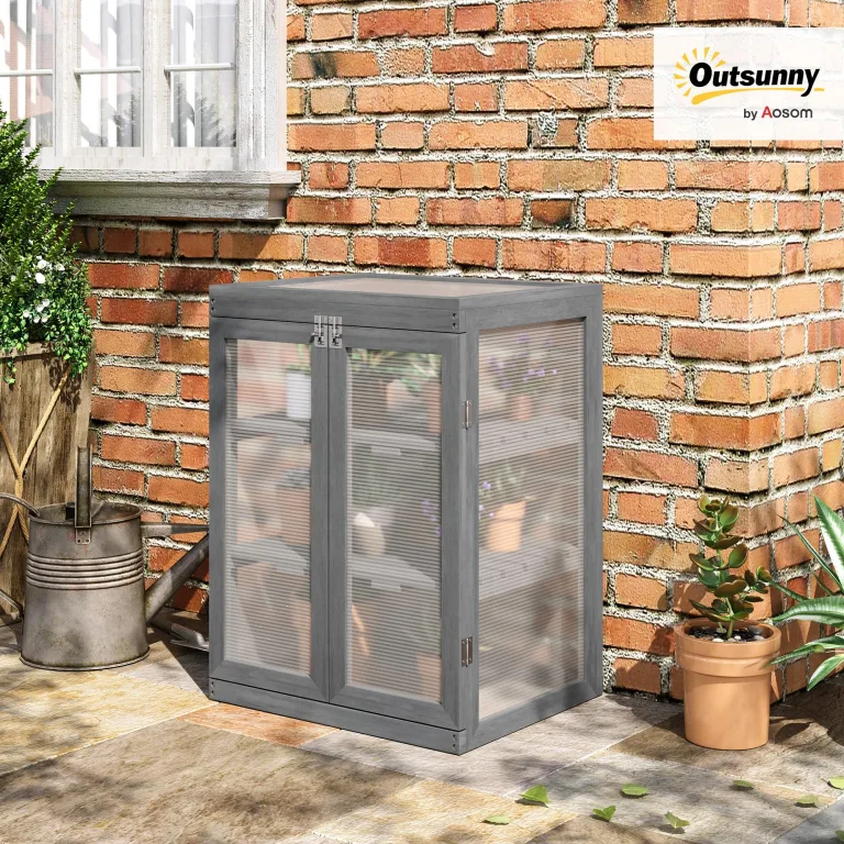 Outsunny 3 Stufen Gewächshaus Treibhaus Frühbeet mit Zwei Türen Frühbeetkasten aus Polycarbonat und Holz wetterfest Belastbar bis 15 kg(je Einlegeboden) 58 x 44 x 78 cm Dunkelgrau – Bild 2