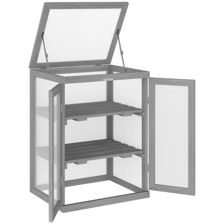 Outsunny 3 Stufen Gewächshaus Treibhaus Frühbeet mit Zwei Türen Frühbeetkasten aus Polycarbonat und Holz wetterfest Belastbar bis 15 kg(je Einlegeboden) 58 x 44 x 78 cm Dunkelgrau – Bild 1