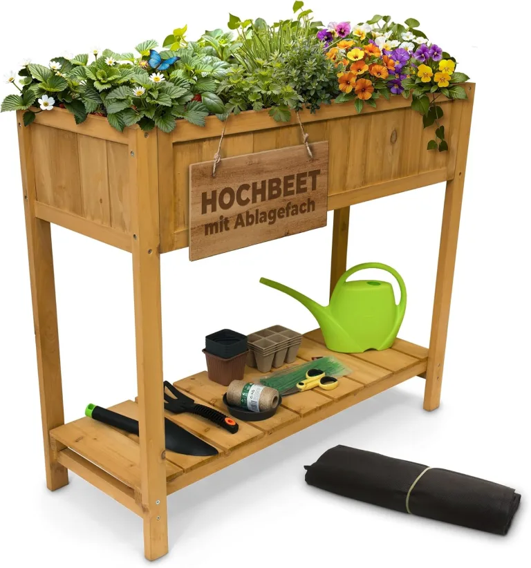STREND PRO Hochbeet Balkon | 76cm(h) x 33cm(b) x 89(l) | Gemüsebeet Holz mit Ablage & wasserdichter Pflanzfolie | Kleines Hochbeet Schmales ideal für Balkon, Terrasse & Garten | Kräuterbeet – Bild 1