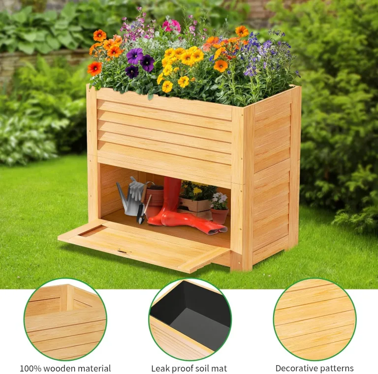 SUNYRISY Hochbeet für Garten mit Stauraum, Holz Hochbeet für Balkon, Outdoor Pflanzkasten Blumenkasten Kräuterbeet, Gartenwerkzeuge Speichern Lagerbox, 85 x 45 x 75 cm, Holzfarbe – Bild 3