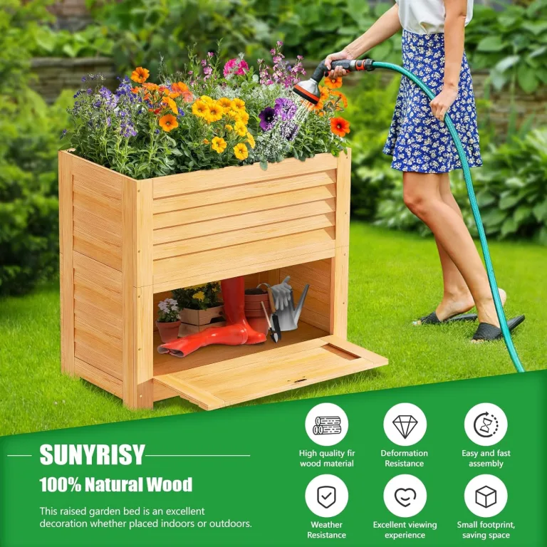 SUNYRISY Hochbeet für Garten mit Stauraum, Holz Hochbeet für Balkon, Outdoor Pflanzkasten Blumenkasten Kräuterbeet, Gartenwerkzeuge Speichern Lagerbox, 85 x 45 x 75 cm, Holzfarbe – Bild 4