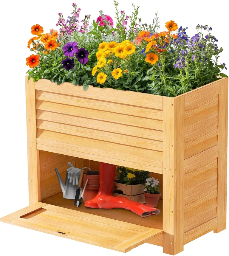SUNYRISY Hochbeet für Garten mit Stauraum, Holz Hochbeet für Balkon, Outdoor Pflanzkasten Blumenkasten Kräuterbeet, Gartenwerkzeuge Speichern Lagerbox, 85 x 45 x 75 cm, Holzfarbe – Bild 1