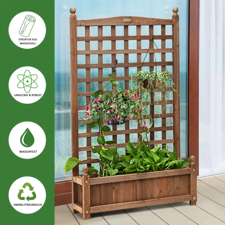 COSTWAY Blumenkasten mit Rankgitter, Pflanzkasten Holz für Kletterpflanzen, Pflanzkübel mit Sichtschutz, Hochbeet mit Spalier & Drainagelöchern, für Garten Hof Balkon, 64,5 x 28 x 120 cm, Braun – Bild 3