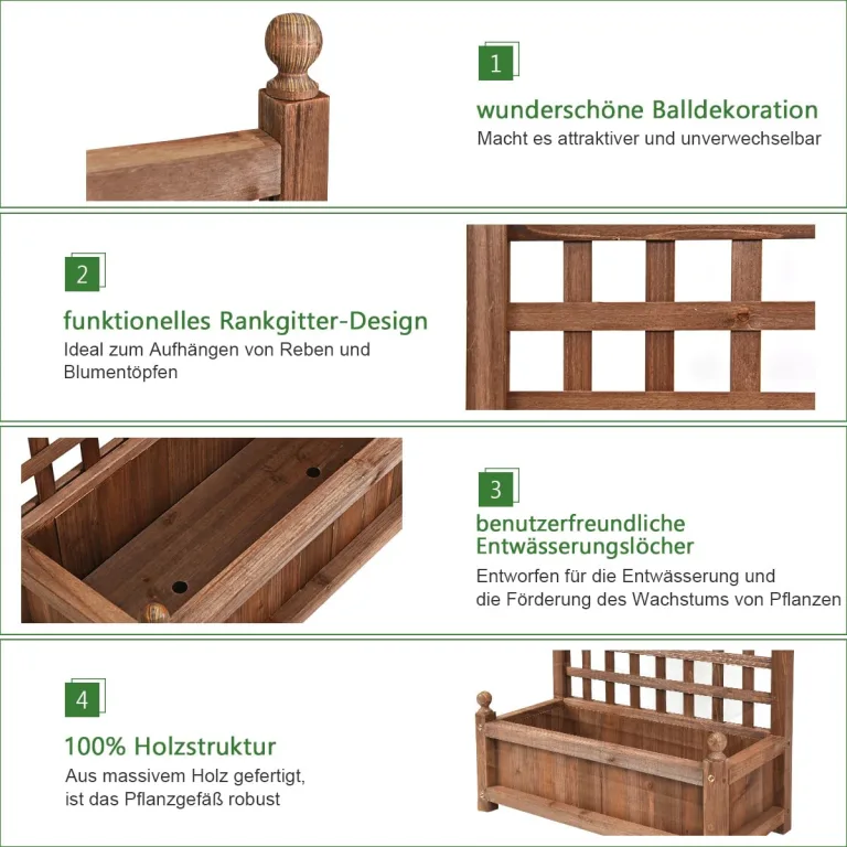 COSTWAY Blumenkasten mit Rankgitter, Pflanzkasten Holz für Kletterpflanzen, Pflanzkübel mit Sichtschutz, Hochbeet mit Spalier & Drainagelöchern, für Garten Hof Balkon, 64,5 x 28 x 120 cm, Braun – Bild 4