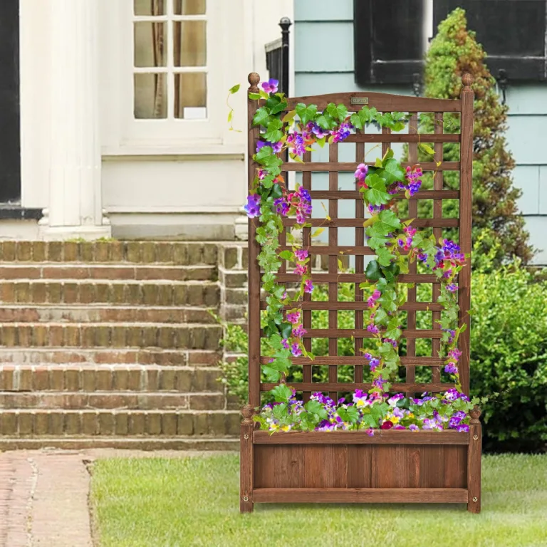COSTWAY Blumenkasten mit Rankgitter, Pflanzkasten Holz für Kletterpflanzen, Pflanzkübel mit Sichtschutz, Hochbeet mit Spalier & Drainagelöchern, für Garten Hof Balkon, 64,5 x 28 x 120 cm, Braun – Bild 6