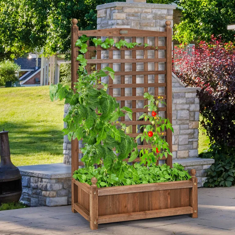 COSTWAY Blumenkasten mit Rankgitter, Pflanzkasten Holz für Kletterpflanzen, Pflanzkübel mit Sichtschutz, Hochbeet mit Spalier & Drainagelöchern, für Garten Hof Balkon, 64,5 x 28 x 120 cm, Braun – Bild 7