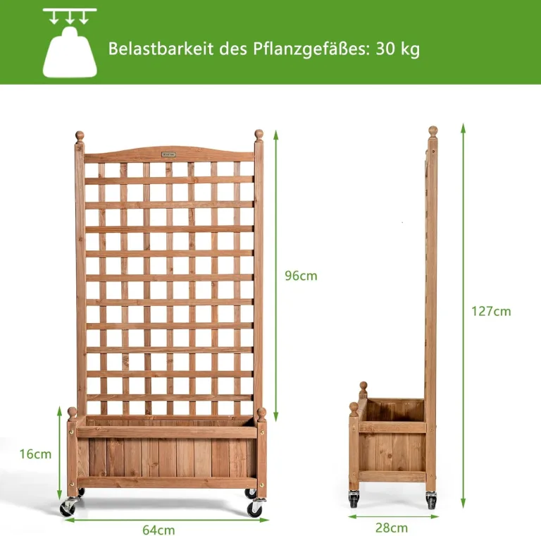 COSTWAY Blumenkasten mit Rankgitter, Pflanzkasten Holz auf Rollen, für Kletterpflanzen, Hochbeet mit Spalier, Gartenspalier mit Drainagelöchern, für Garten Hof Balkon, 64 x 28 x 127 cm, Braun – Bild 7