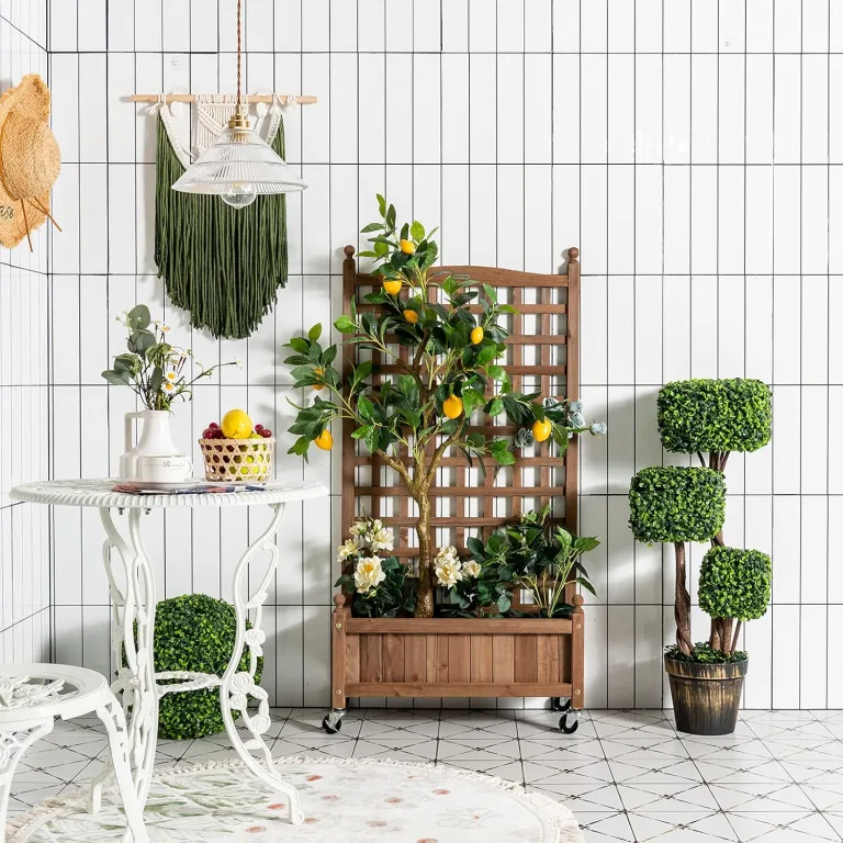 COSTWAY Blumenkasten mit Rankgitter, Pflanzkasten Holz auf Rollen, für Kletterpflanzen, Hochbeet mit Spalier, Gartenspalier mit Drainagelöchern, für Garten Hof Balkon, 64 x 28 x 127 cm, Braun – Bild 9