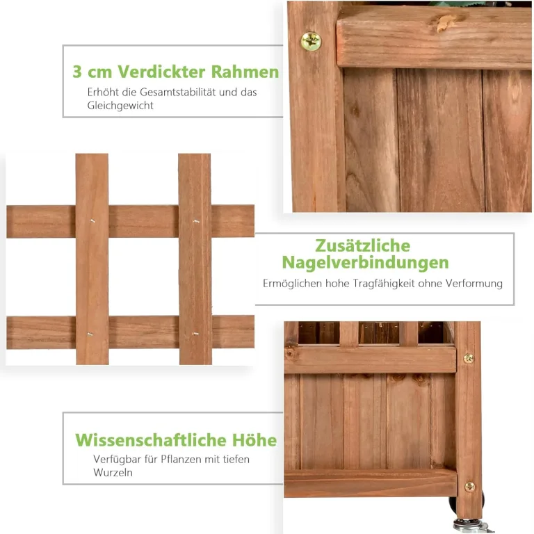 COSTWAY Blumenkasten mit Rankgitter, Pflanzkasten Holz auf Rollen, für Kletterpflanzen, Hochbeet mit Spalier, Gartenspalier mit Drainagelöchern, für Garten Hof Balkon, 64 x 28 x 127 cm, Braun – Bild 4