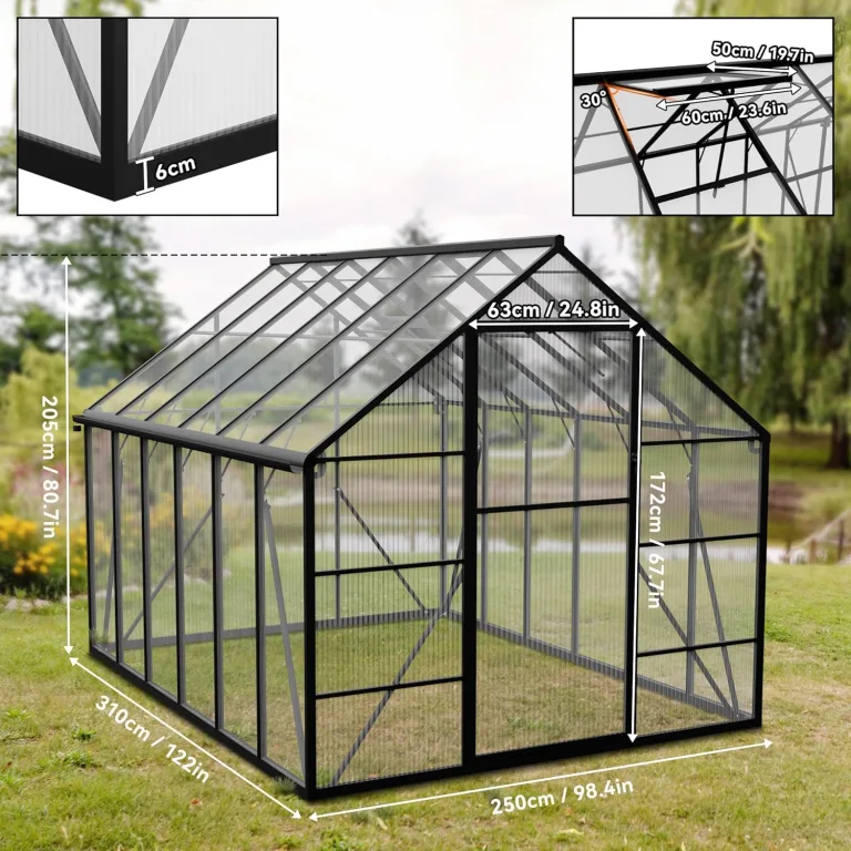 Gewächshaus Aluminium Gartengewächshäuser mit 6 cm Fundament und 4 mm PC Platte Treibhaus Tomatenhaus Gartenhaus UV beständig Wetterfest für Garten, 310x250x205 cm – Bild 3