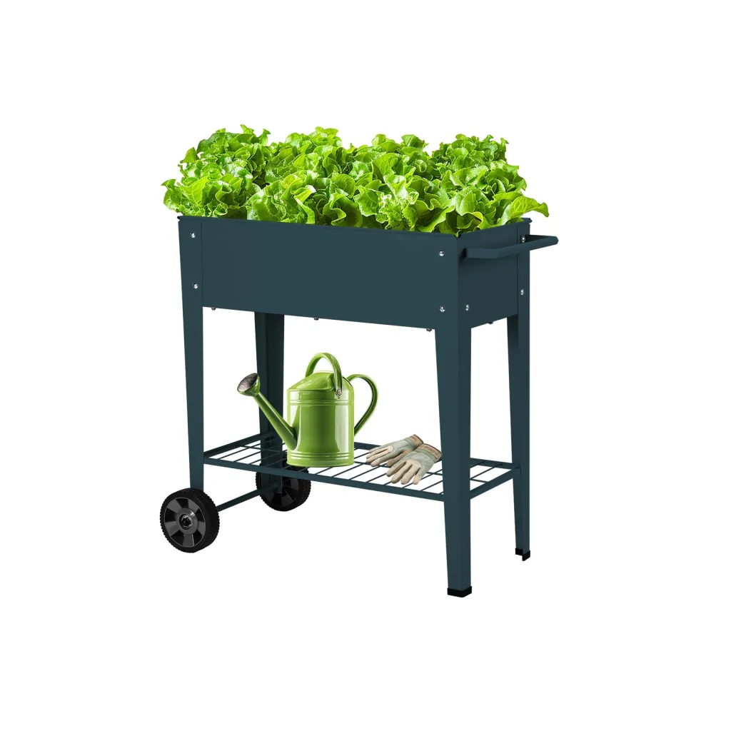 Hochbeet Metall mit Rädern und Ablage 84.5 x45x80cm, Blumenkasten Frühbeet Kräuterbeet Pflanzenbeet, Gemüsebeet Gartenbeet Blumenkübel für Balkon,Garten,Petrol blau