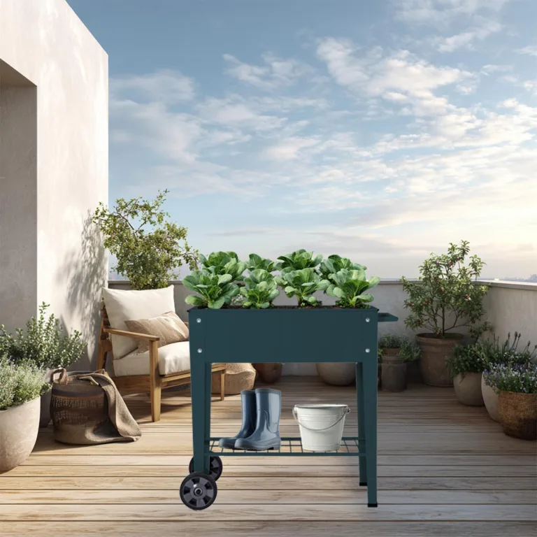 Hochbeet Metall mit Rädern und Ablage 84.5 x45x80cm, Blumenkasten Frühbeet Kräuterbeet Pflanzenbeet, Gemüsebeet Gartenbeet Blumenkübel für Balkon，Garten，Petrol blau – Bild 9
