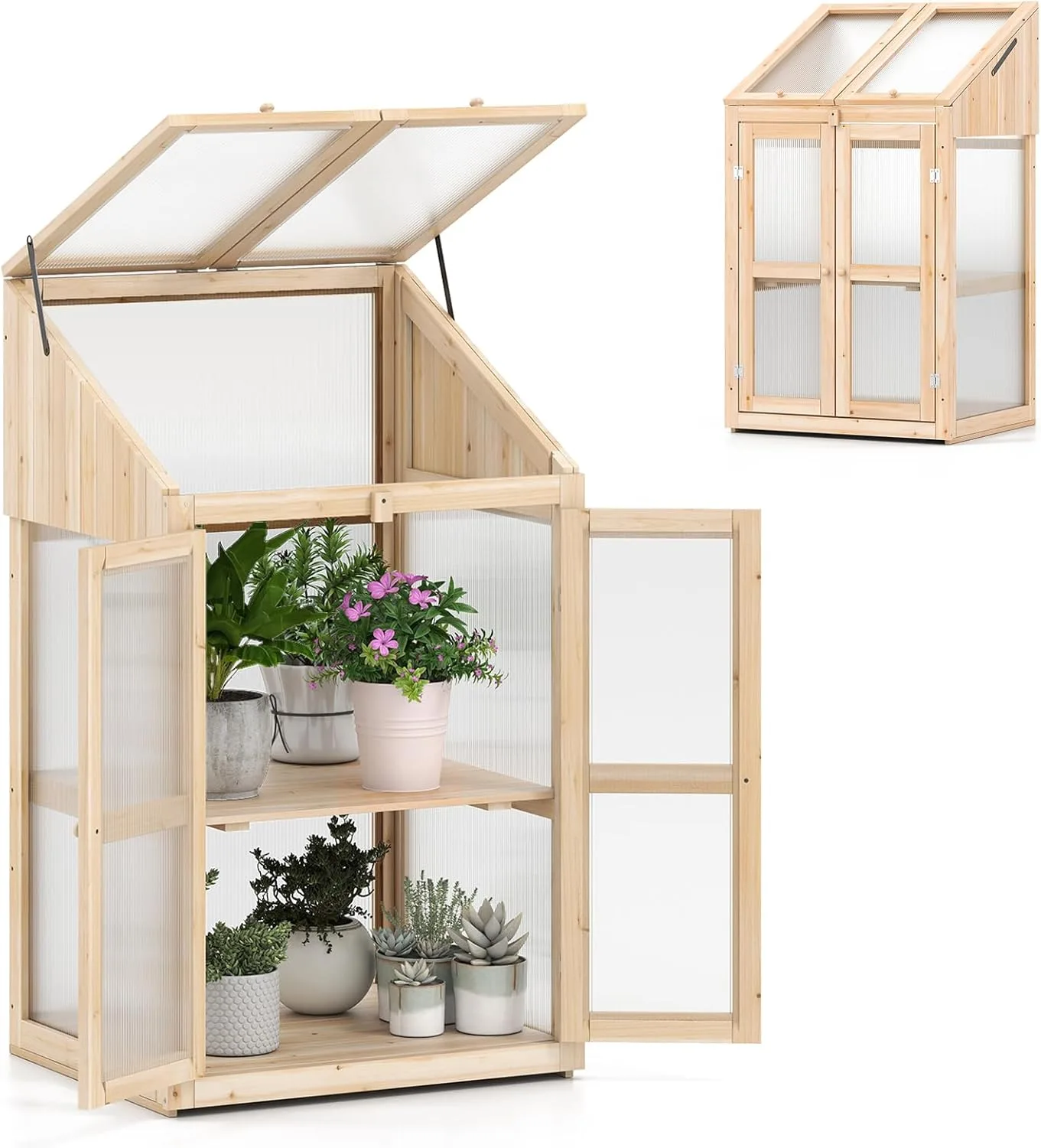 HOMASIS Gewächshaus mit 3 Ablagen, Anlehngewächshaus Tomaten mit 2 Türen & Oberlicht, Holz Frühbeet Pflanzenhaus Winterfest klein, Teibhaus Gartenhaus für Garten & Balko (Natur, 69x58x121cm) - Bild 1