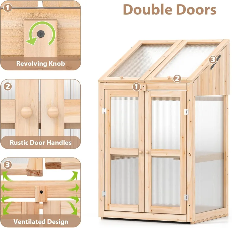 HOMASIS Gewächshaus mit 3 Ablagen, Anlehngewächshaus Tomaten mit 2 Türen & Oberlicht, Holz Frühbeet Pflanzenhaus Winterfest klein, Teibhaus Gartenhaus für Garten & Balko (Natur, 69x58x121cm) – Bild 5