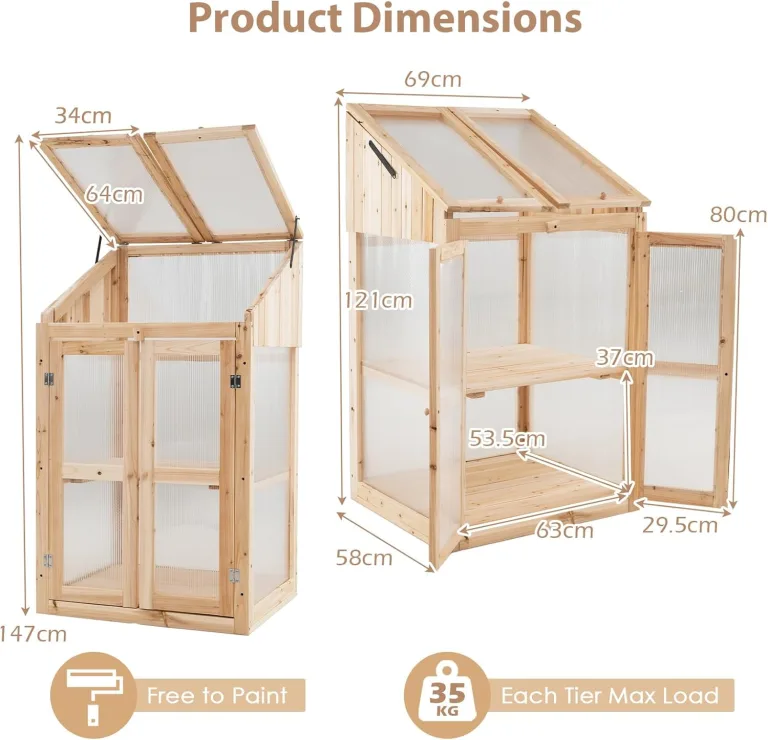 HOMASIS Gewächshaus mit 3 Ablagen, Anlehngewächshaus Tomaten mit 2 Türen & Oberlicht, Holz Frühbeet Pflanzenhaus Winterfest klein, Teibhaus Gartenhaus für Garten & Balko (Natur, 69x58x121cm) – Bild 2