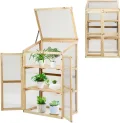 HOMASIS Gewächshaus mit 3 Ablagen, Anlehngewächshaus Tomaten mit 2 Türen & Oberlicht, Holz Frühbeet Pflanzenhaus Winterfest klein, Teibhaus Gartenhaus für Garten & Balko (Natur, 69x58x121cm) - Thumbnail 8
