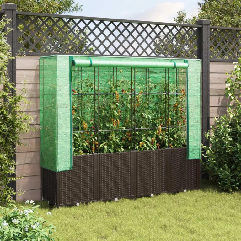 Hochbeet mit Gewächshaus-Aufsatz, Polypropylen, Rattan-Optik, Hochbeet mit Abdeckung, Hochbeete für Garten, Balkon, Für Gärten usw, 160x40x153 cm – Bild 3