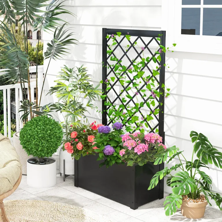 COSTWAY Blumenkasten mit Rankgitter, Pflanzkasten für Kletterpflanzen, Hochbeet mit Spalier, Blumenkübel für Garten Balkon Sichtschutz, Gartenspalier Metall, 63x31x112 cm, Schwarz – Bild 6