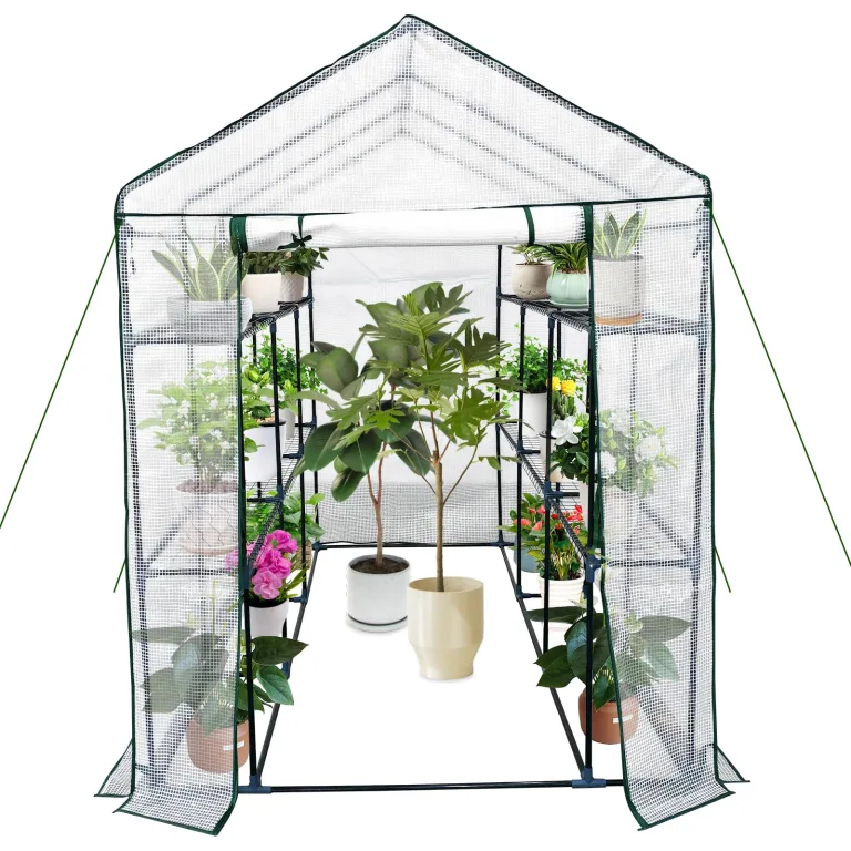 Gewächshaus 143x215x195Cm, Tomatengewächshaus Foliengewächshaus, Tomaten Gewächshaus Balkon Greenhouse Tomatenhaus Mit Rahmen Aus Verzinktem Stahl & Pe Gitterfolie, Treibhaus Für Garten Aufzucht, Weiß – Bild 1