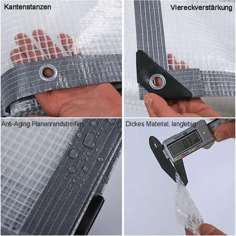 Transparente wasserdichte Abdeckplane, 4 x 8 m, robuste Netzabdeckung für Holz, Gartenmöbel, Pflanzen und Gewächshäuser, verstärkt mit Ösen und Seil, reißfeste Schutzfolie – Bild 2