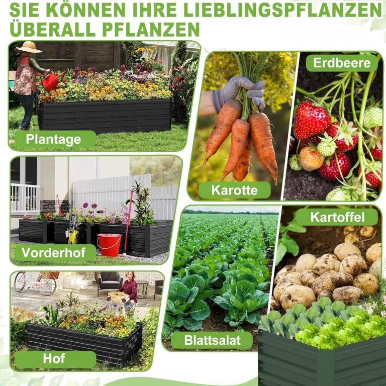 Hochbeet 120x60x58cm Blumenkasten Verzinkter Stahl Pflanzkübel Groß Außen Pflanzkasten Frühbeet Pflanzbeet Gartenbeet Rechteck für Garten Balkon, Schwarz – Bild 8