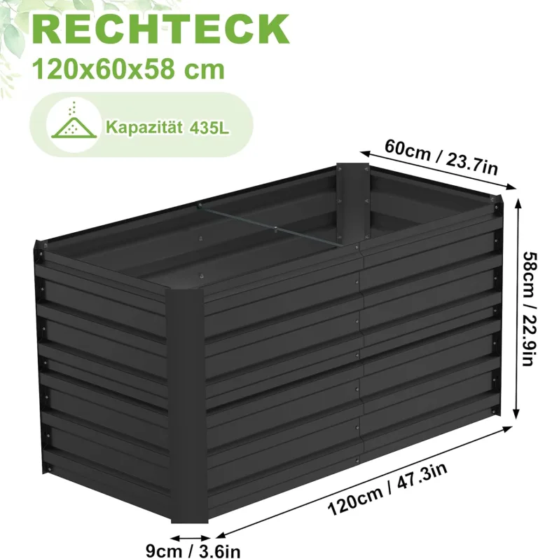 Hochbeet 120x60x58cm Blumenkasten Verzinkter Stahl Pflanzkübel Groß Außen Pflanzkasten Frühbeet Pflanzbeet Gartenbeet Rechteck für Garten Balkon, Schwarz – Bild 3