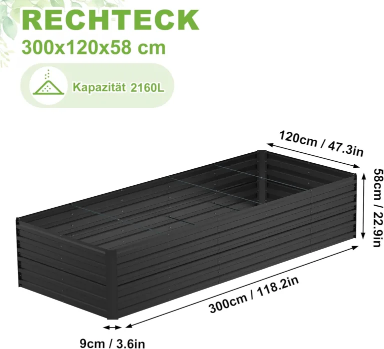 120x60x58cm Hochbeet Verzinkter Stahl Gemüsebeet Kräuterbeet Pflanzkasten Frühbeet Hochbeete-Kit Pflanzenbeet Gemüsebeet Blumenkasten für Beet, Garten und Terrasse Rechteck-Schwarz – Bild 8