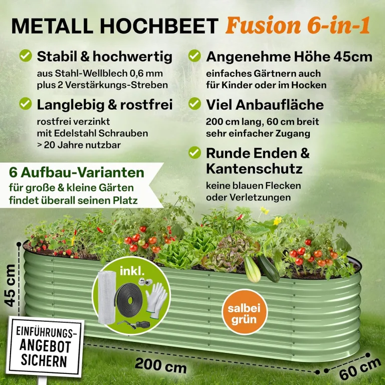TTL GARDEN 200x60x45cm Metall Hochbeet Fusion 6-in-1 Salbei Grün - Stahl rostfrei verzinkt & lackiert 45cm hoch 60cm breit Wellblech Form oval stabil Garten Beet für Gemüse Kräuter Blumen Gartenbeet – Bild 3