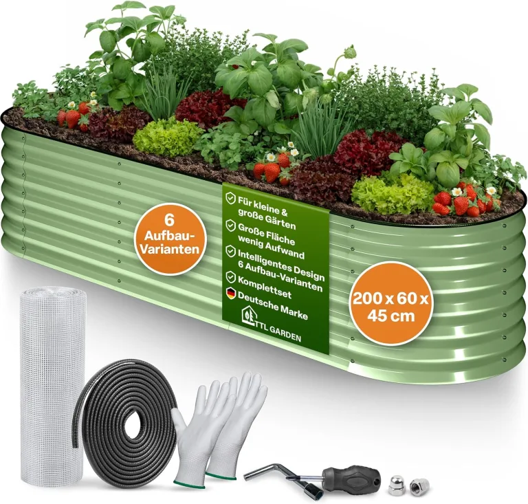 TTL GARDEN 200x60x45cm Metall Hochbeet Fusion 6-in-1 Salbei Grün - Stahl rostfrei verzinkt & lackiert 45cm hoch 60cm breit Wellblech Form oval stabil Garten Beet für Gemüse Kräuter Blumen Gartenbeet – Bild 1