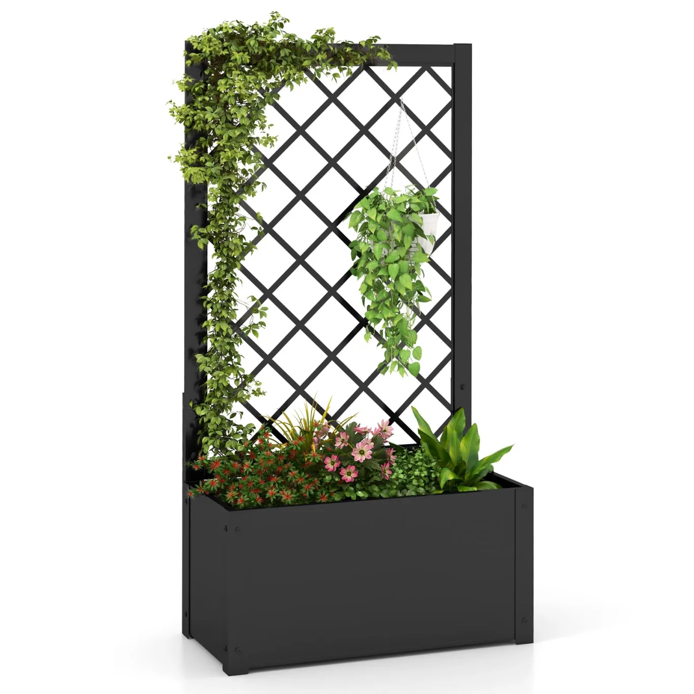 GOPLUS Blumenkasten mit Rankgitter, Hochbeet mit Spalier für Kletterpflanzen & Topfpflanzen, Tiefes Pflanzbeet mit Drainagelöchern für Balkon, Hinterhof & Garten (Schwarz, 63 x 31 x 112 cm) - Bild 1