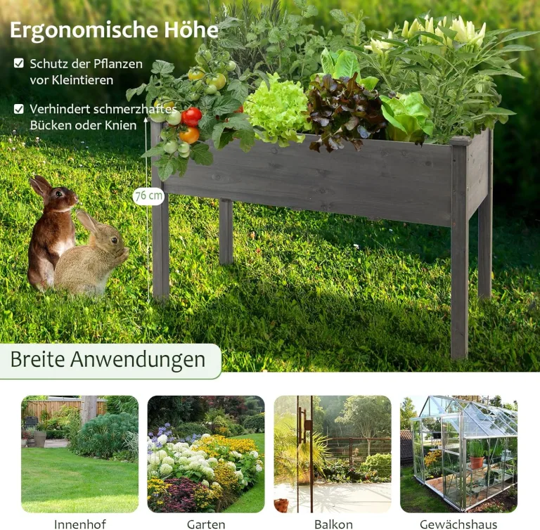 COSTWAY Hochbeet Holz, Anzuchtbeet groß, Frühbeet Pflanzkübel Pflanzkasten, Blumenkübel Kräuterbeet Pflanztrog, Pflanzbeet im Garten Balkon außen, 125 x 59 x 76 cm (Grau) – Bild 6