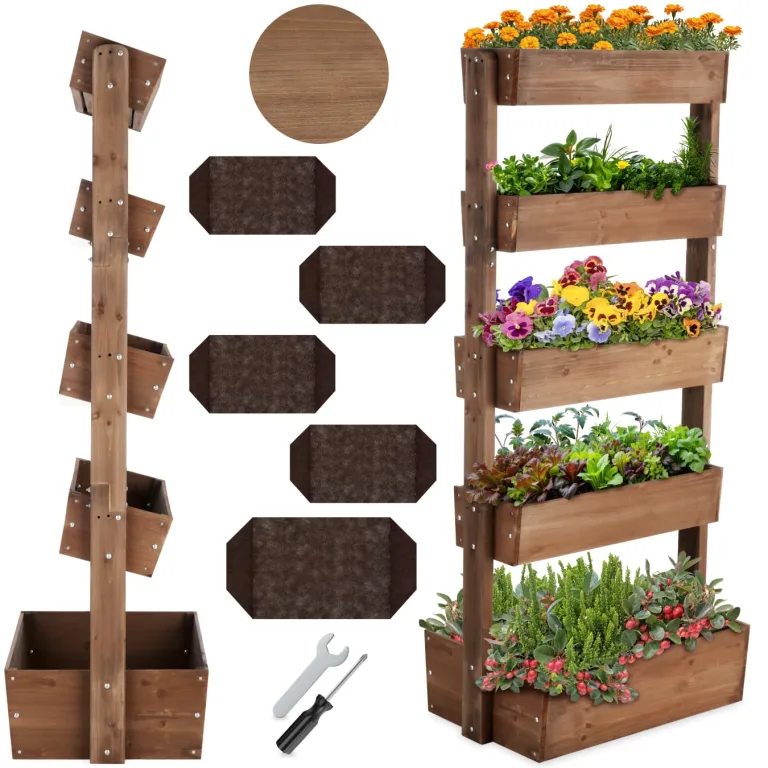 tectake® Vertikalbeet mit 5 Etagen, Hochbeet aus Holz, Pflanztreppe, Hochbeet Balkon, Blumenbeet, Kräuterbeet, Gemüsebeet, Pflanzenregal, Blumenkasten Holz mit Pflanzvlies - braun, 81 x 52 x 180 cm – Bild 1