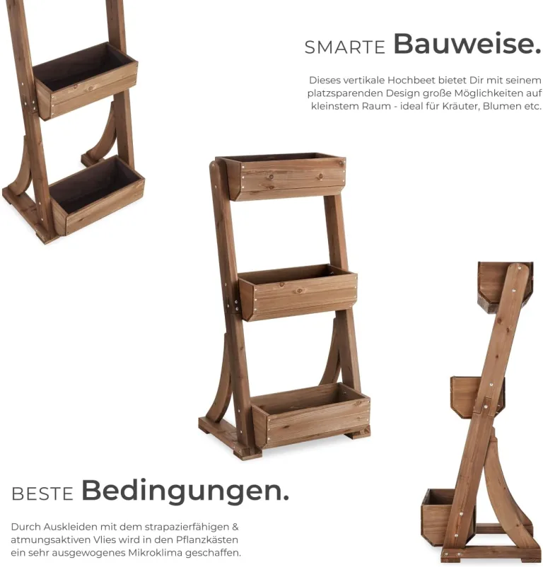 tectake® Vertikalbeet mit 3 Etagen, Hochbeet aus Holz, Pflanztreppe, Hochbeet Balkon, Blumenbeet, Kräuterbeet, Gemüsebeet, Pflanzenregal, Blumenkasten Holz mit Pflanzvlies - braun, 60 x 49 x 140 cm – Bild 4