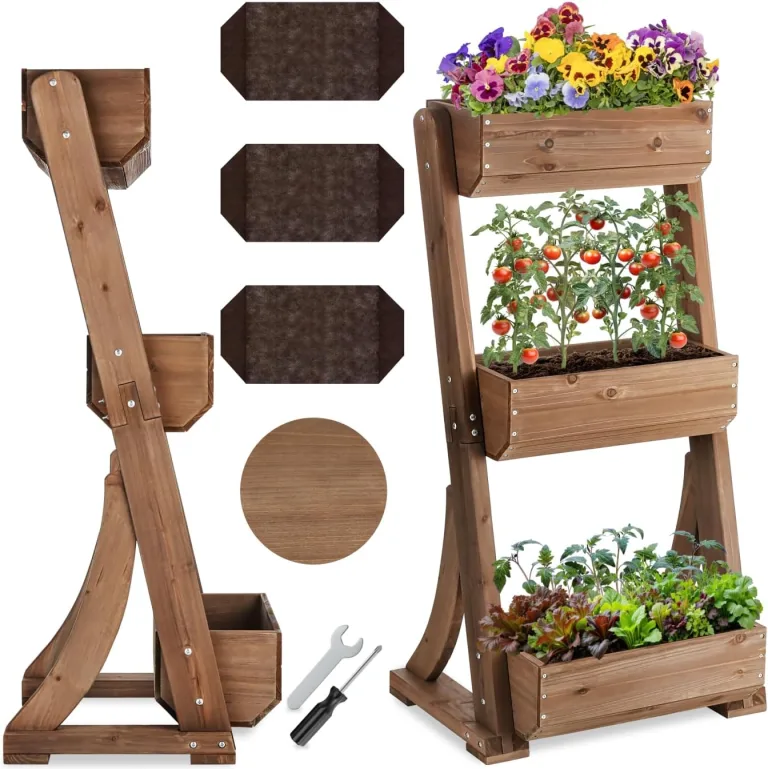 tectake® Vertikalbeet mit 3 Etagen, Hochbeet aus Holz, Pflanztreppe, Hochbeet Balkon, Blumenbeet, Kräuterbeet, Gemüsebeet, Pflanzenregal, Blumenkasten Holz mit Pflanzvlies - braun, 60 x 49 x 140 cm – Bild 2