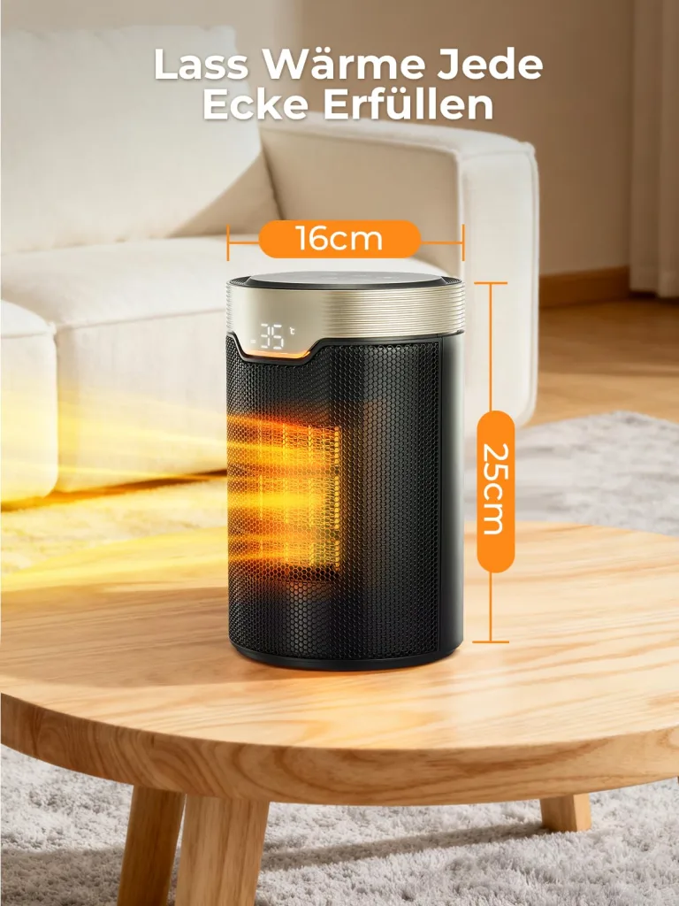 Heizlüfter Energiesparend, 24 Std Timer 32 dB Leiser 1500W PTC Keramik Elektrischer Heizlüfter mit Thermostat, Überhitzungs- & Kippschutz, Elektroheizung für Räume Schlafzimmer, ECO-Modus, Glod – Bild 8