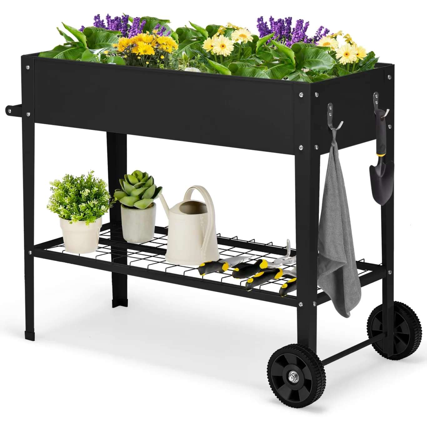 COSTWAY Hochbeet Metall, Erhöhtes Gartenbeet mit 2 Rollen & Ablage, Pflanzkasten mit Haken & Griff, Kräuterbeet Gemüsebeet groß, für Balkon Garten Terrasse, 95 x 40 x 80 cm (Schwarz) - Bild 1