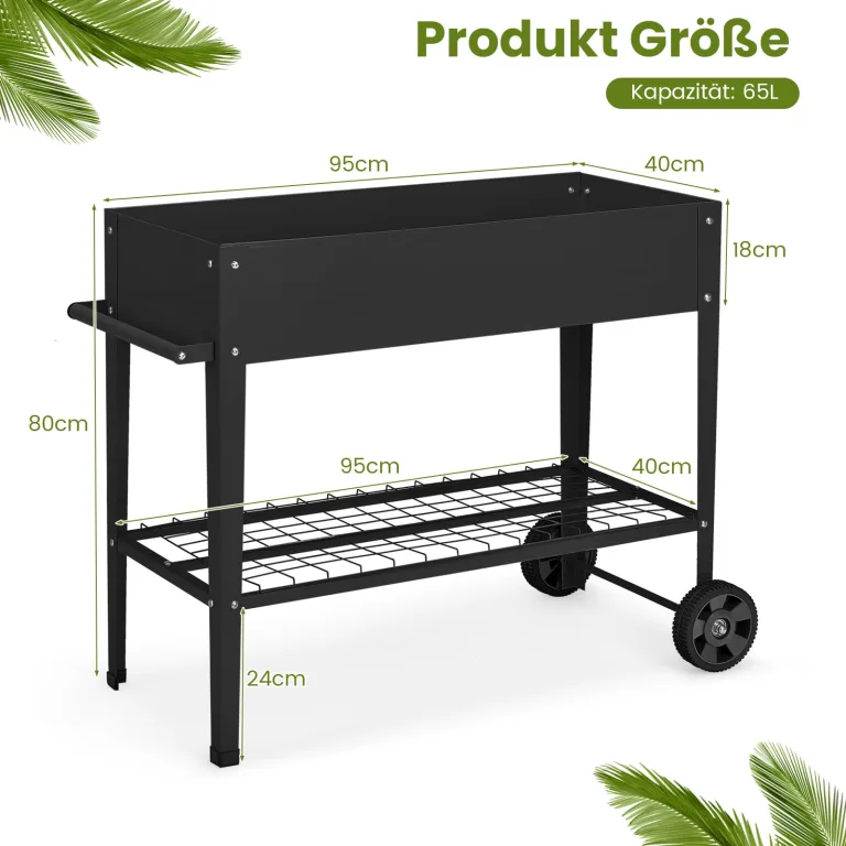 COSTWAY Hochbeet Metall, Erhöhtes Gartenbeet mit 2 Rollen & Ablage, Pflanzkasten mit Haken & Griff, Kräuterbeet Gemüsebeet groß, für Balkon Garten Terrasse, 95 x 40 x 80 cm (Schwarz) – Bild 3