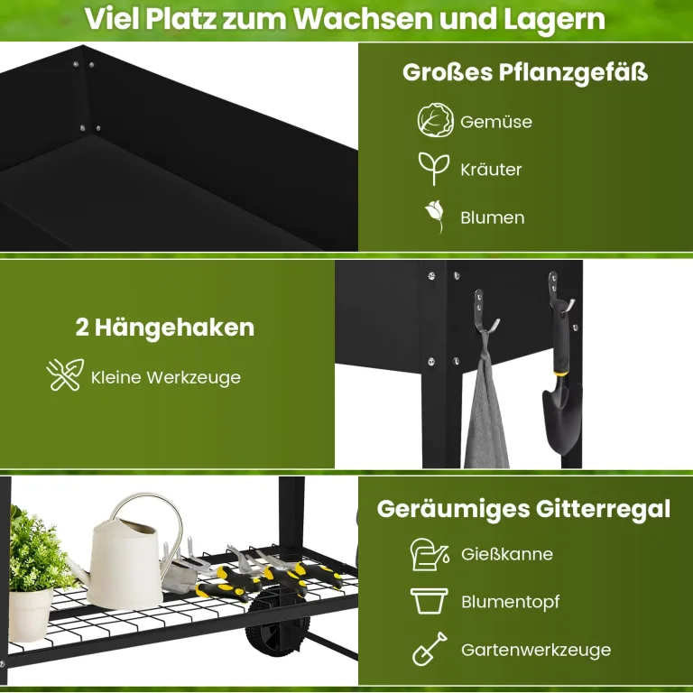 COSTWAY Hochbeet Metall, Erhöhtes Gartenbeet mit 2 Rollen & Ablage, Pflanzkasten mit Haken & Griff, Kräuterbeet Gemüsebeet groß, für Balkon Garten Terrasse, 95 x 40 x 80 cm (Schwarz) – Bild 6
