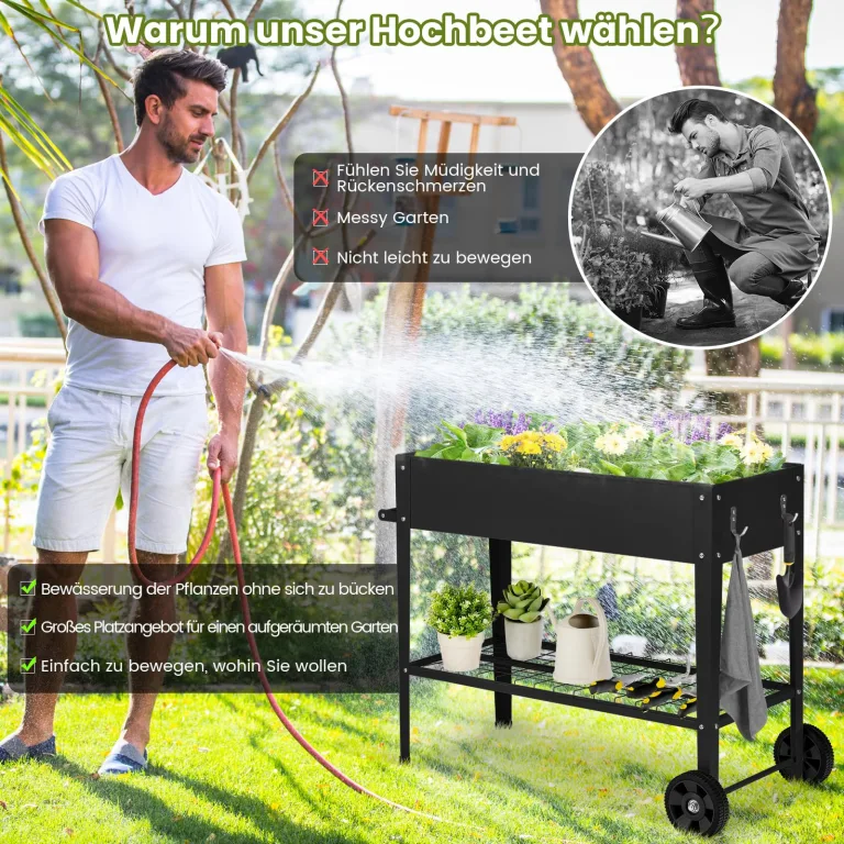COSTWAY Hochbeet Metall, Erhöhtes Gartenbeet mit 2 Rollen & Ablage, Pflanzkasten mit Haken & Griff, Kräuterbeet Gemüsebeet groß, für Balkon Garten Terrasse, 95 x 40 x 80 cm (Schwarz) – Bild 8