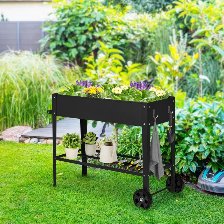 COSTWAY Hochbeet Metall, Erhöhtes Gartenbeet mit 2 Rollen & Ablage, Pflanzkasten mit Haken & Griff, Kräuterbeet Gemüsebeet groß, für Balkon Garten Terrasse, 95 x 40 x 80 cm (Schwarz) – Bild 9