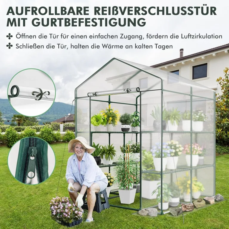COSTWAY Gewächshaus, begehbares Foliengewächshaus mit 8 Regalen, Tomatenhaus mit PVC-Abdeckung & robustem Metallrahmen, Tomatengewächshaus für Tomaten, Gemüse, Pflanzen, 139 x 144 x 195 cm – Bild 7