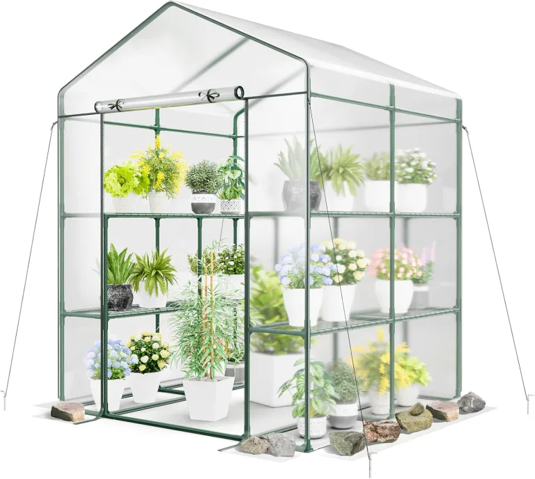 COSTWAY Gewächshaus, begehbares Foliengewächshaus mit 8 Regalen, Tomatenhaus mit PVC-Abdeckung & robustem Metallrahmen, Tomatengewächshaus für Tomaten, Gemüse, Pflanzen, 139 x 144 x 195 cm – Bild 1