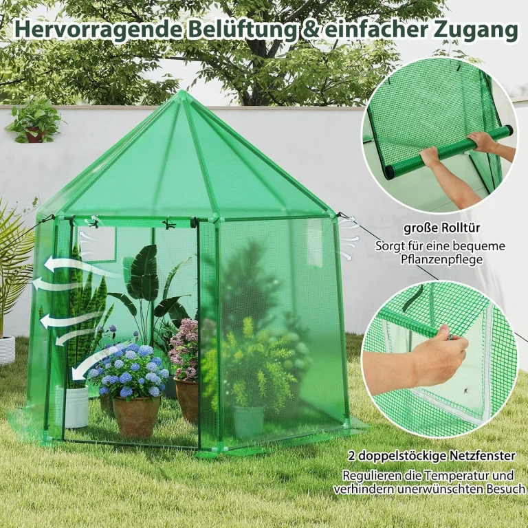 GOPLUS Gewächshaus, Foliengewächshaus mit PE Gitterfolie, Treibhaus mit Rolltür & 2 Fenstern, Tomatengewächshaus für Garten, Gartengewächshäuser, Pflanzenhaus, Pflanzenzelt, 198 x 172 x 190 cm, Grün – Bild 6